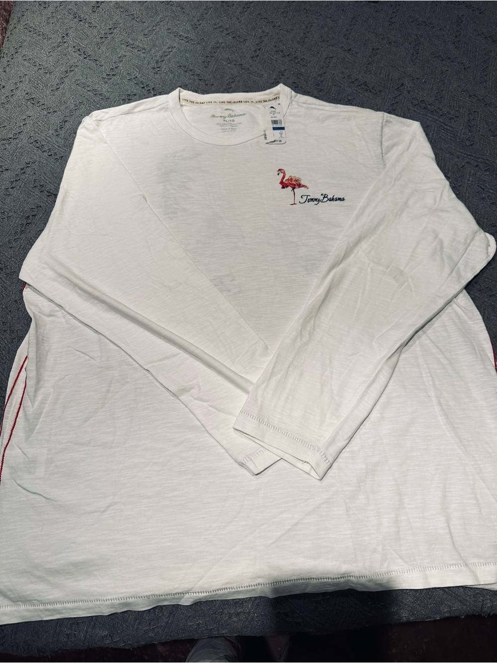 Tommy Bahama White Long-Sleeve Tee with Pink Flamingo Embroidery